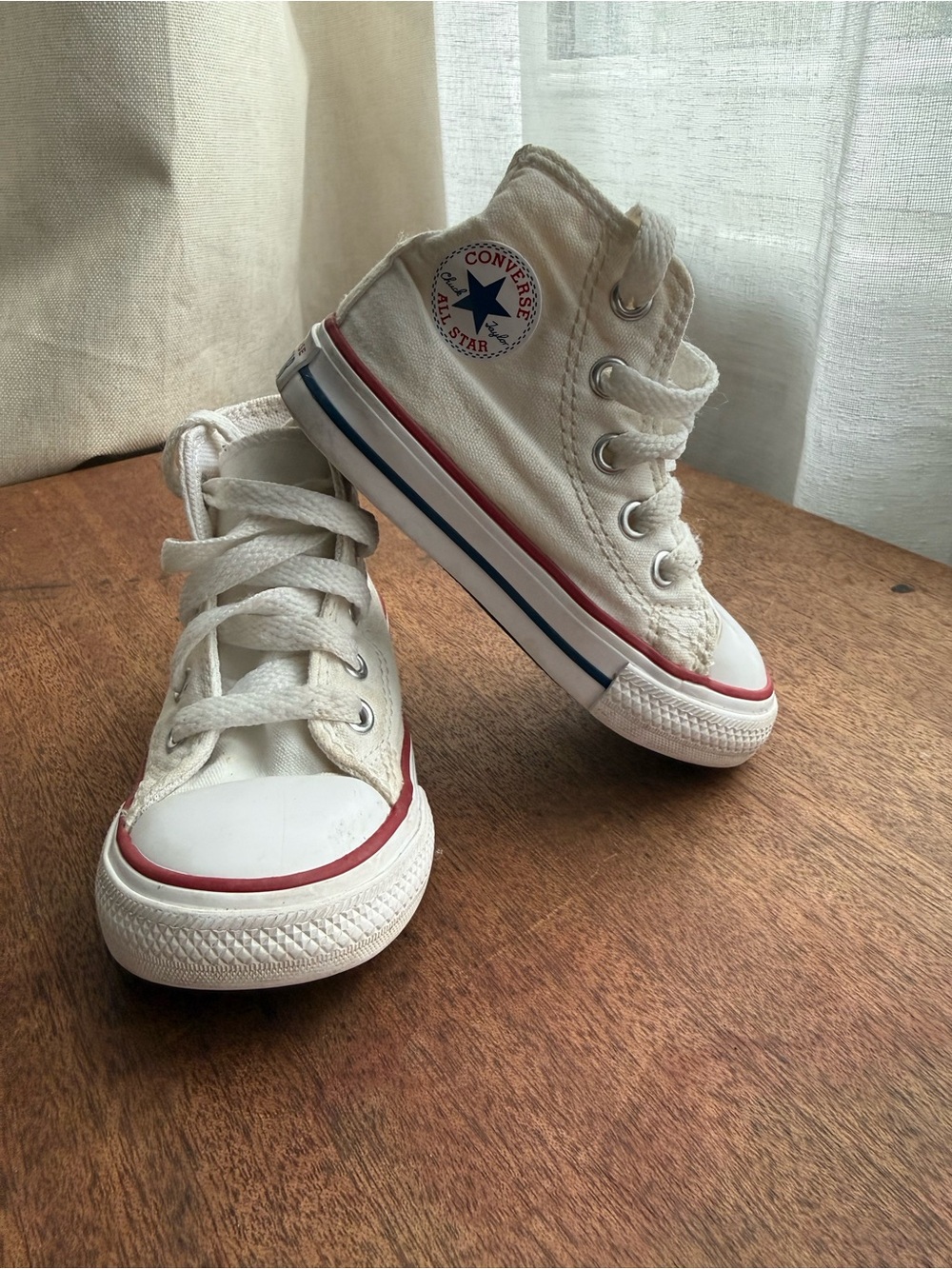 Converse Kids White High Top Sneakers with Red & Blue Trim